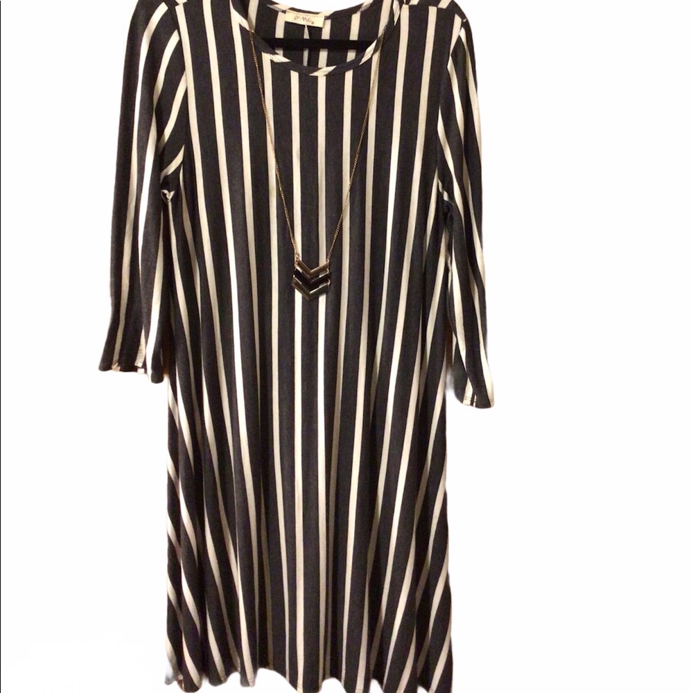 Grey and white stripped dress with necklace